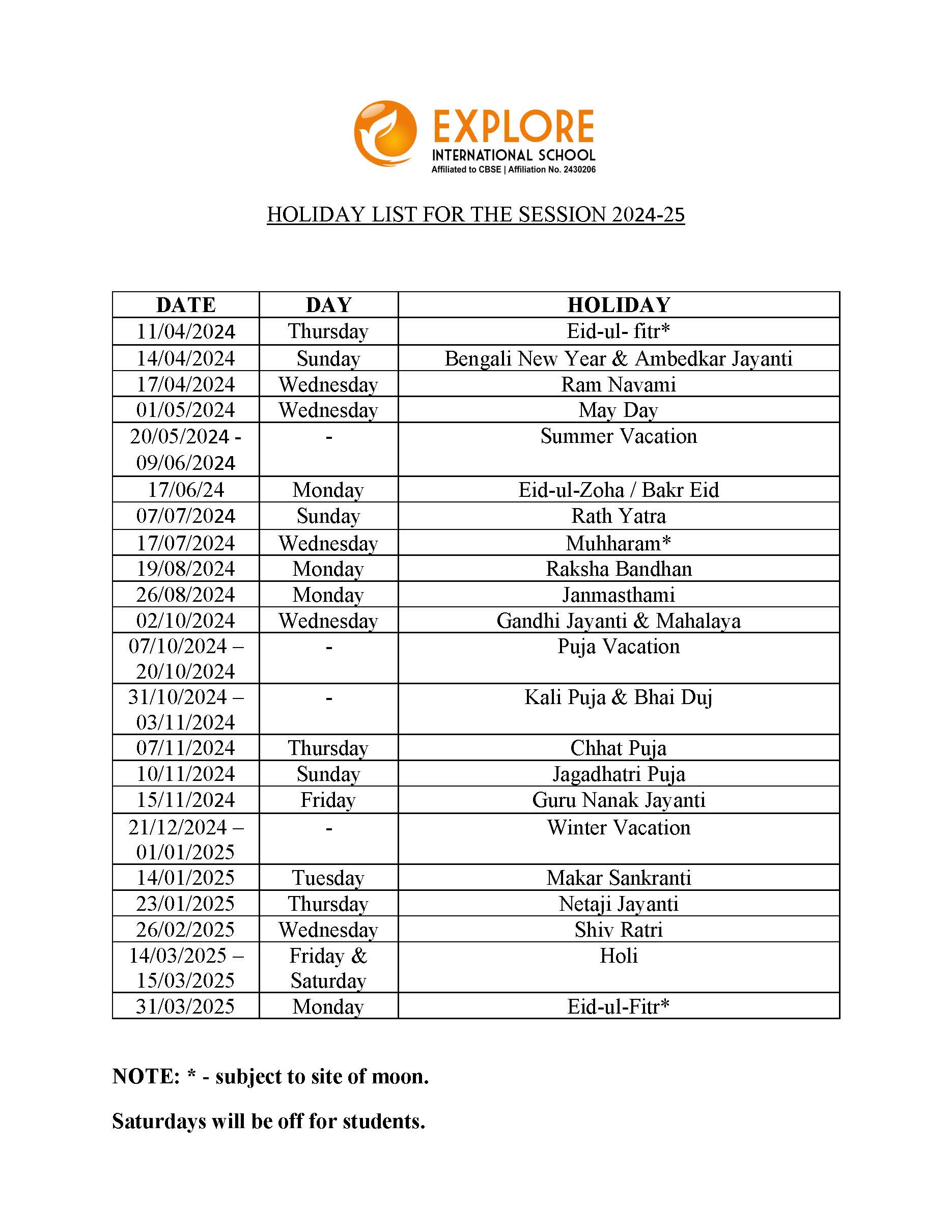 HOLIDAY LIST (Students) FOR THE SESSION 2024-25